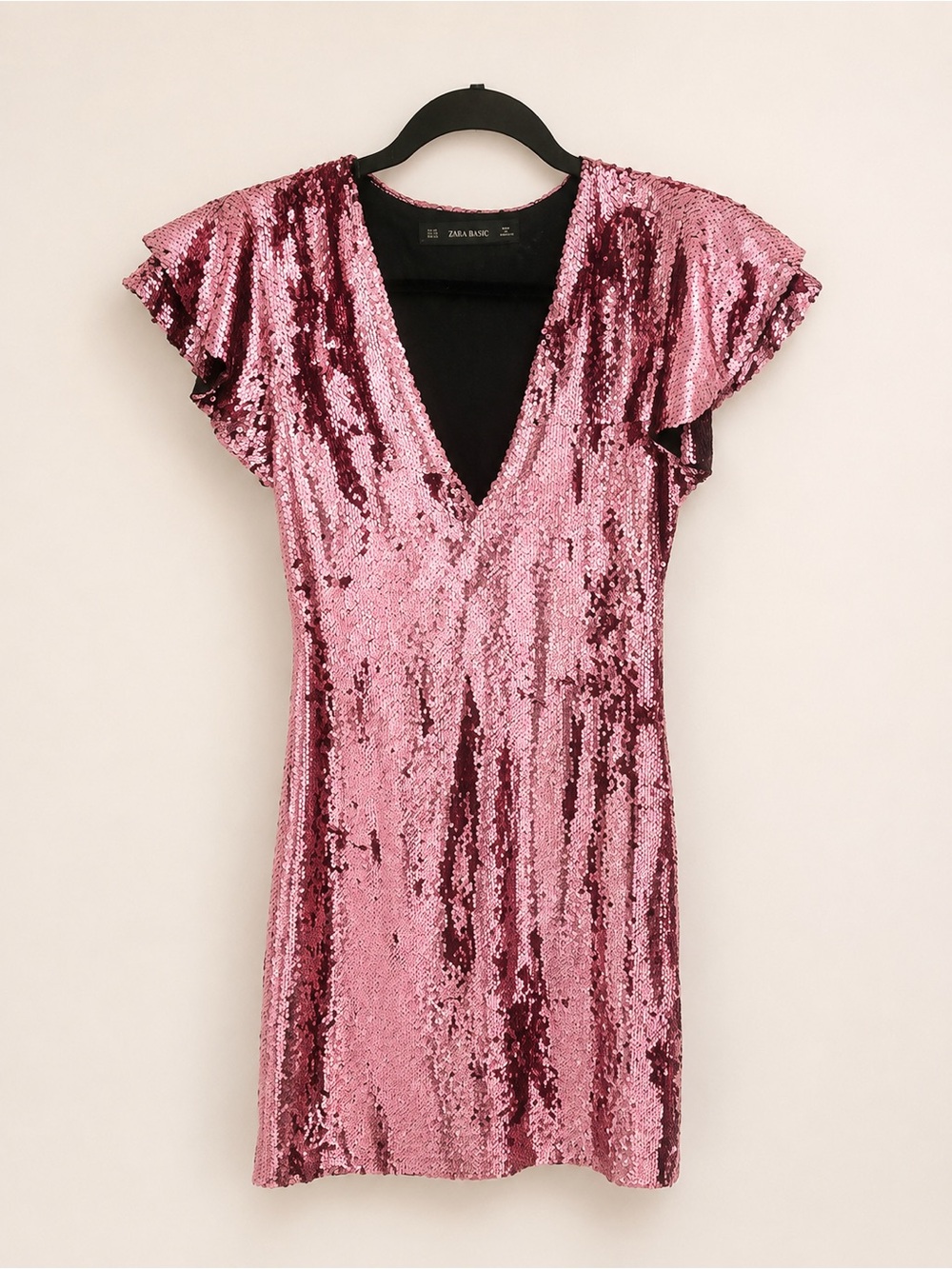 Zara Basic Pink Sequin Mini Dress Size XS Flutter Sleeve Party Cocktail